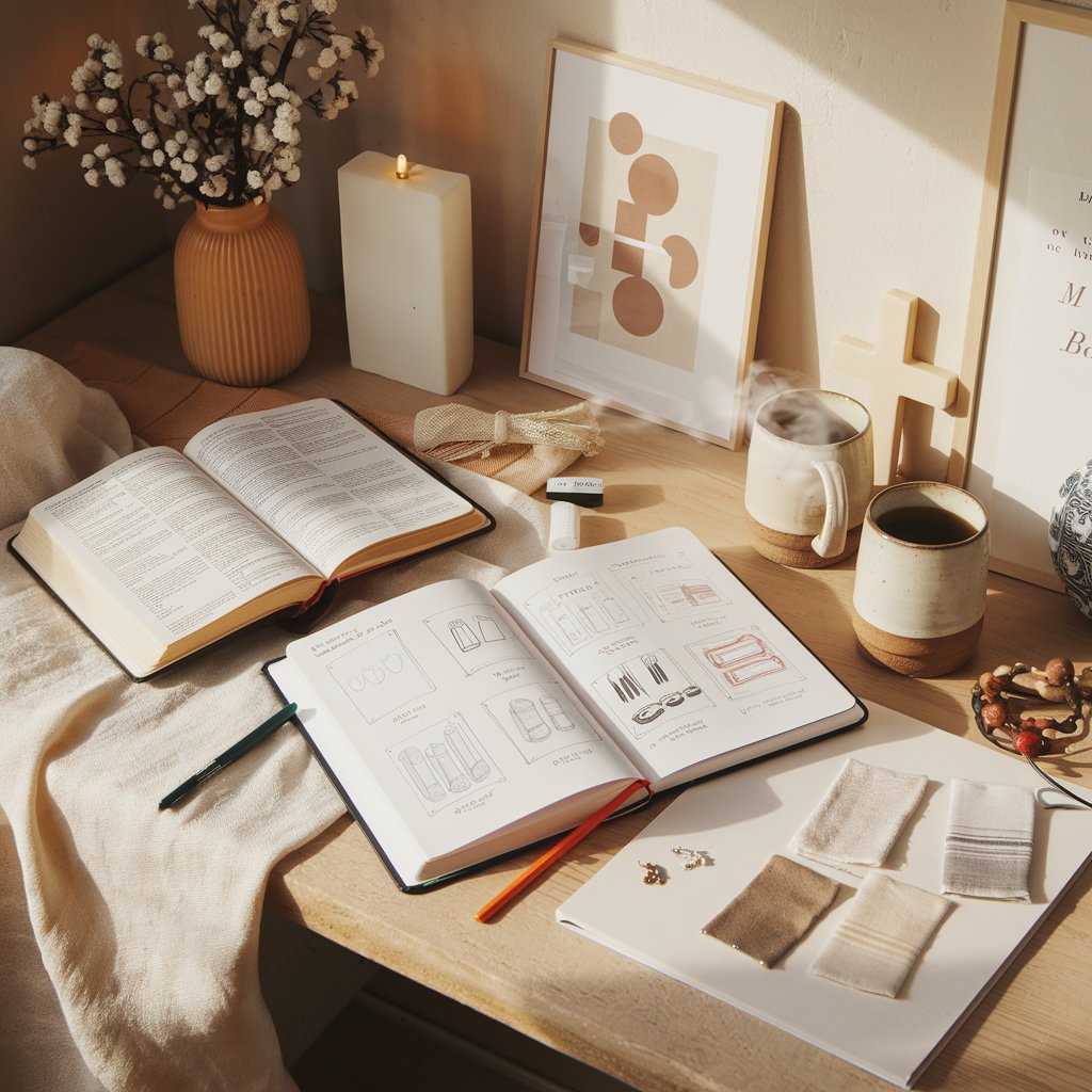 Cozy sunlit creative workspace with an open bible sketchbook