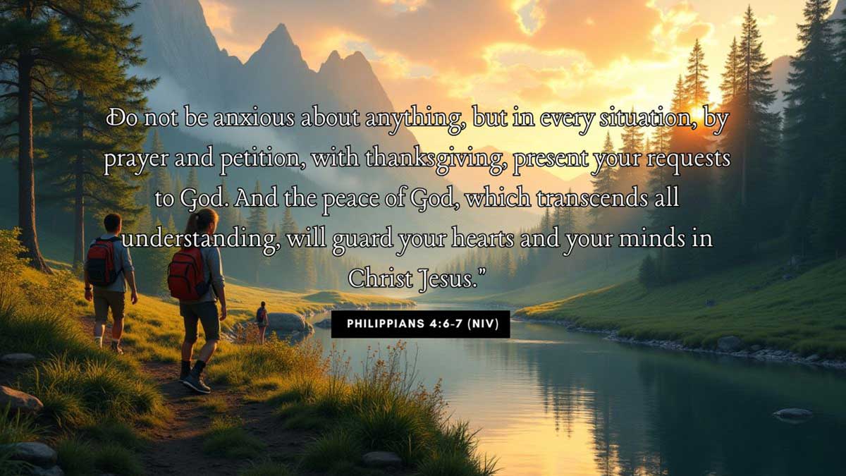 Teen Bible Verse Graphics illustrating Philippians 4:6-7 (NIV): "Do not be anxious about anything, but in every situation, by prayer and petition, with thanksgiving, present your requests to God. And the peace of God, which transcends all understanding, will guard your hearts and your minds in Christ Jesus."