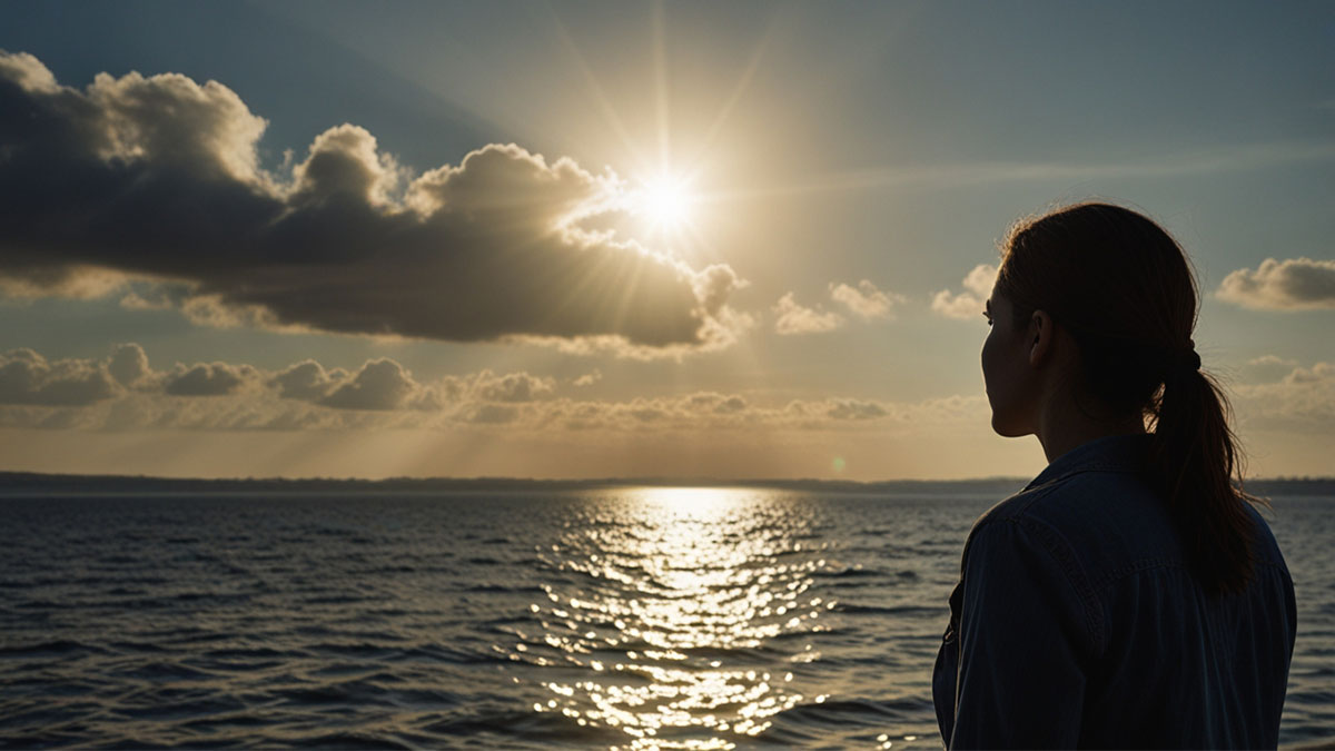 Person looking towards hopeful light over water, symbolizing new life and faith through adult baptism prayer.