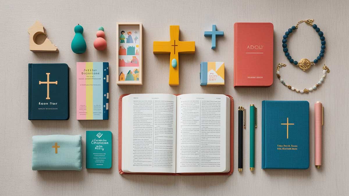 Flat lay showing examples of thoughtful, age-appropriate baptism gift ideas for baby, child, and adult