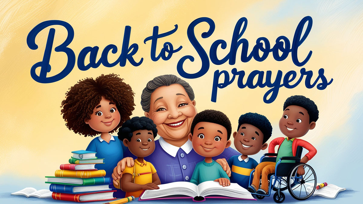 Feature image with "Back To School Prayers" text overlaid on a warm, hopeful background, introducing a Christian parent's guide to prayers for students, teachers, and finding peace in the new school year.