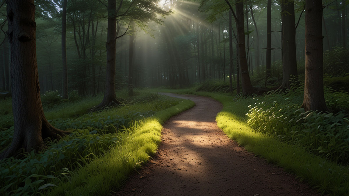 Path curving towards a hopeful light, symbolizing the ongoing Christian faith journey and spiritual growth after baptism prayer.