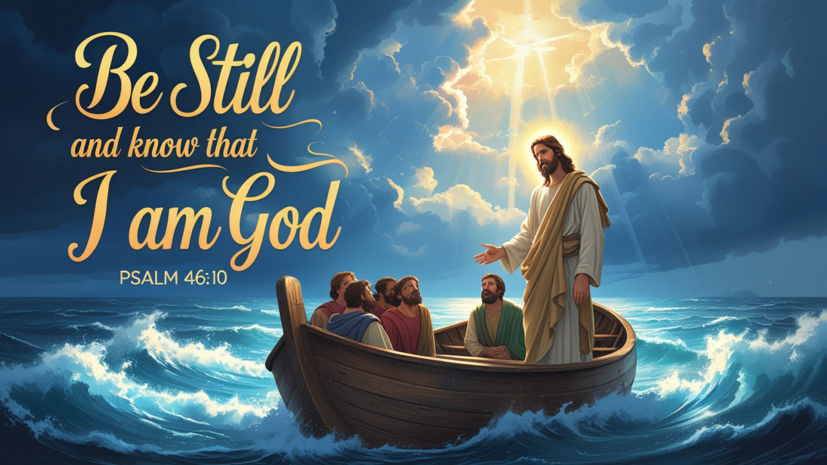 Illustration of Jesus calming the storm, featuring the Bible verse "Be Still and Know That I Am God - Psalm 46:10," symbolizing God's peace and power.