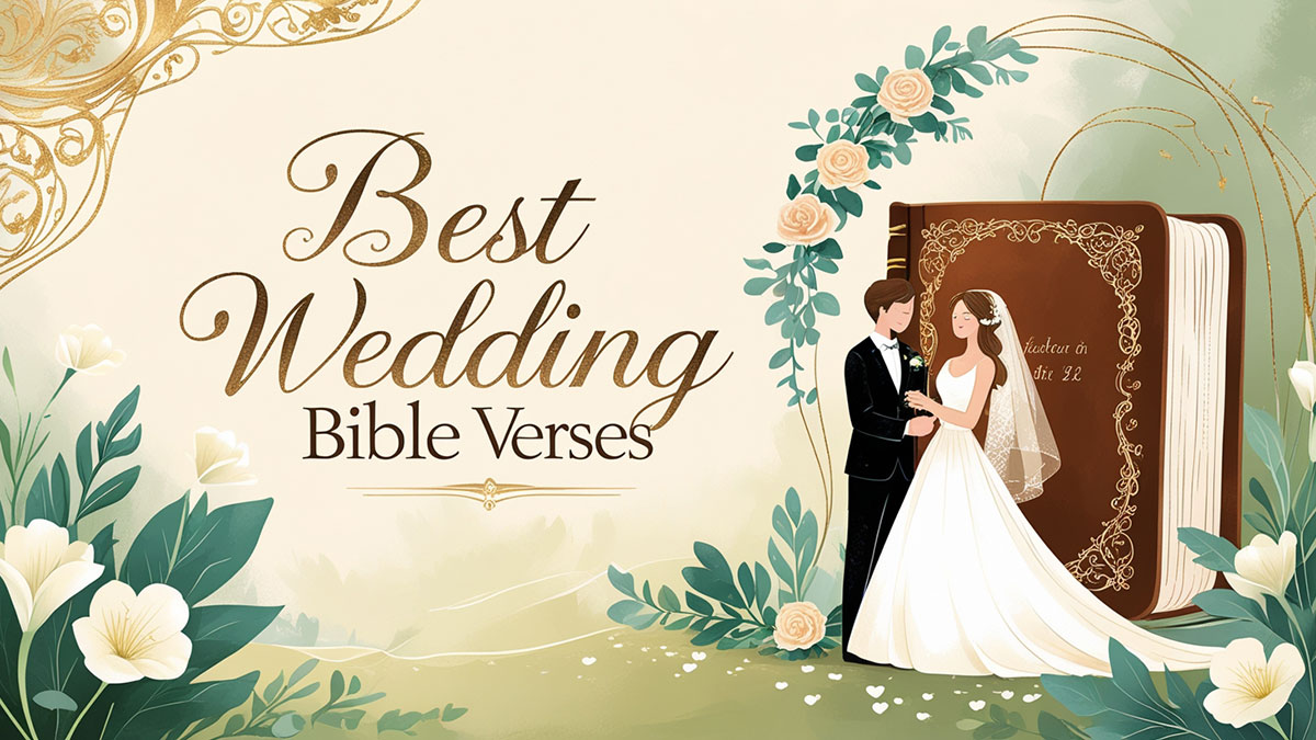 Illustrated Christian wedding scene, possibly with a couple at the altar or wedding symbols like rings and a Bible, featuring the overlaid text 'best wedding bible verses.' This image serves as a guide to finding the most meaningful scriptures for a faith-centered marriage.