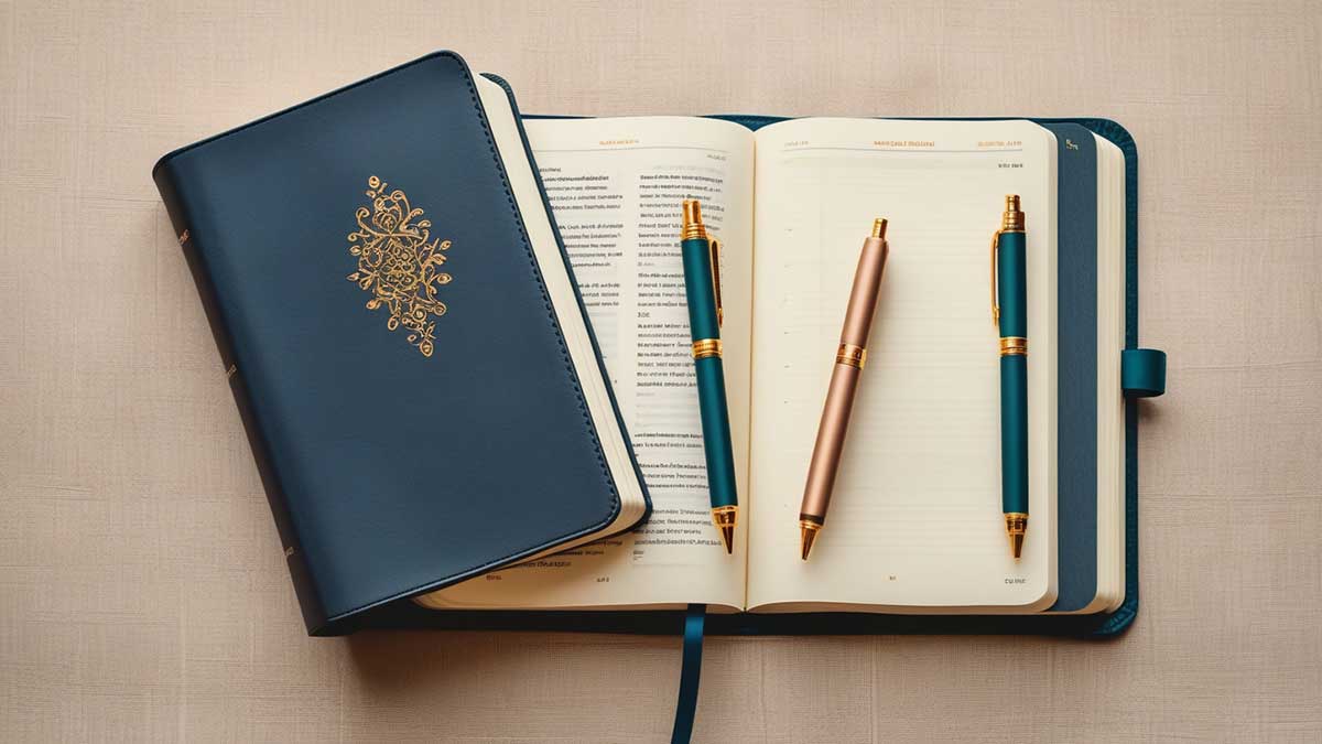 Open journaling Bible with handwritten notes and pen, representing a meaningful baptism gift idea