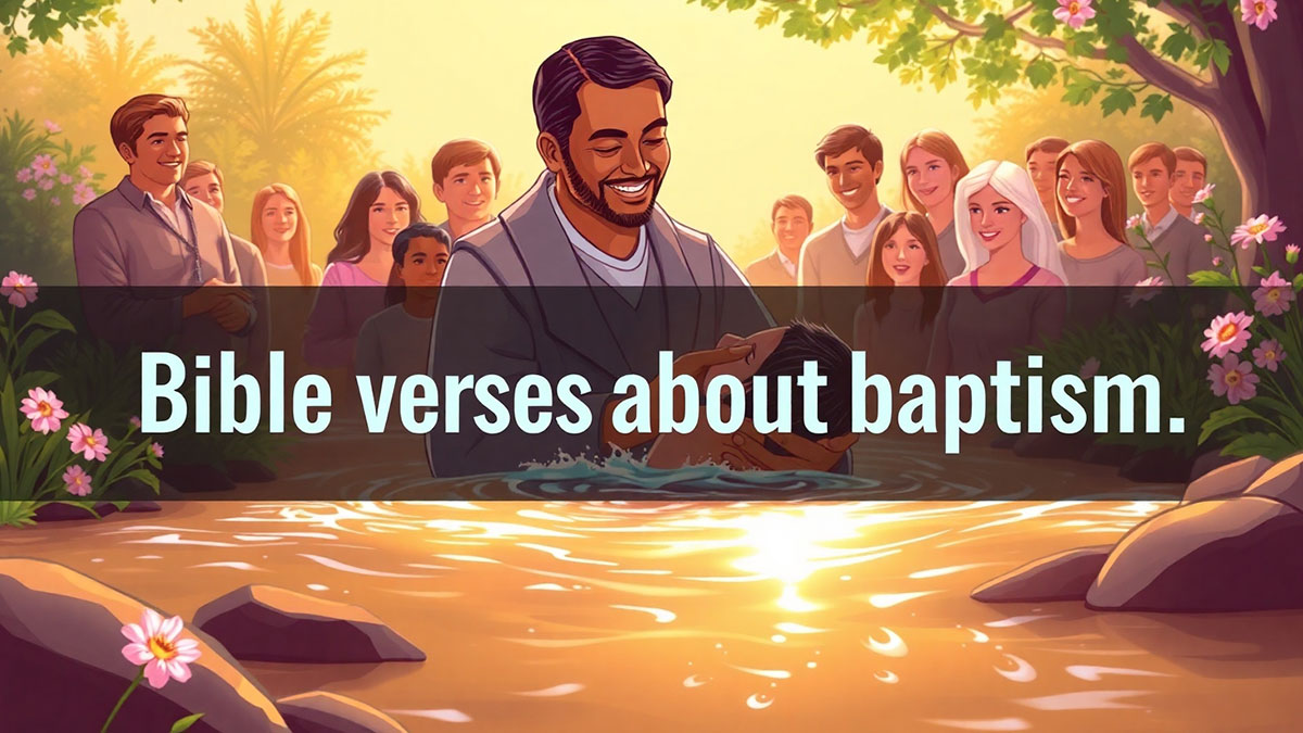 Illustration of a Christian baptism scene, with the text "Bible verses about baptism" overlaid, symbolizing key scriptures for faith and spiritual renewal.