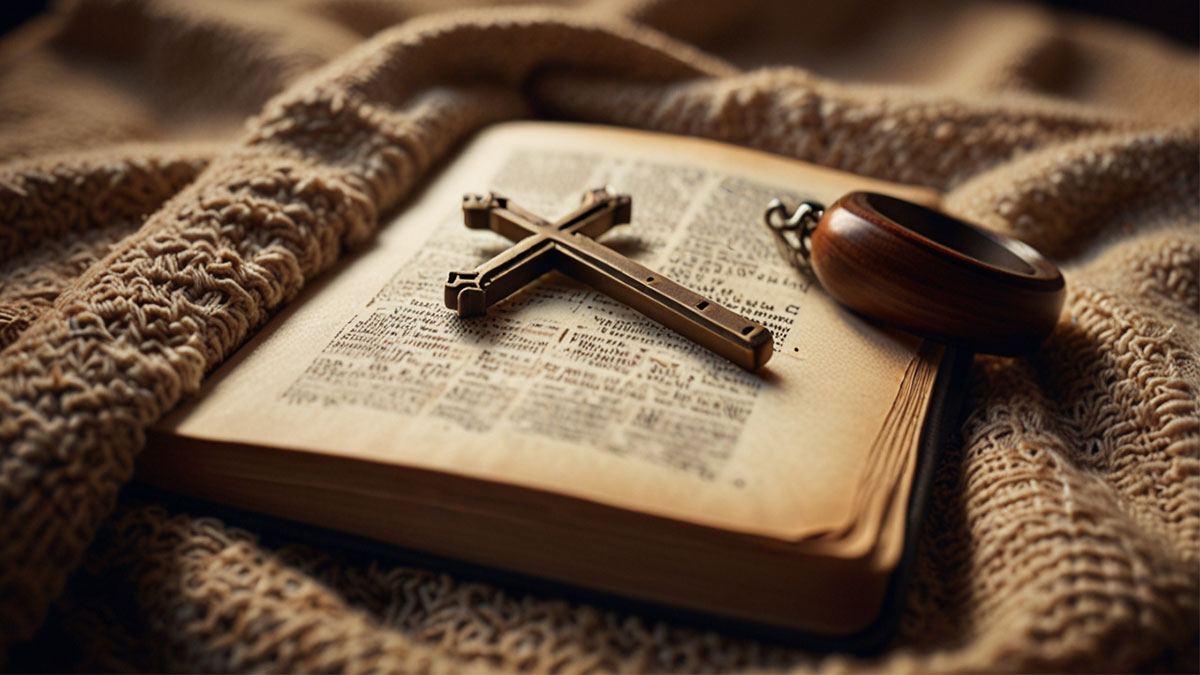 Open Bible with cross bookmark on cozy blanket, for hopeful reflection on Bible verses about the cross and finding God's love.