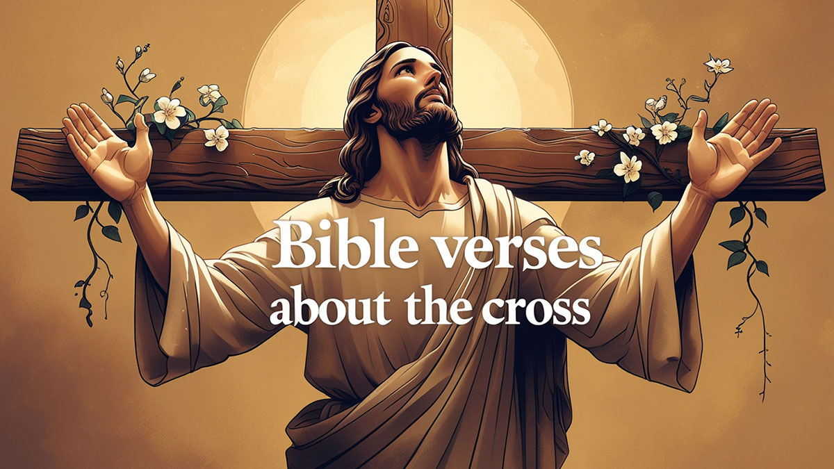 Illustration of a Jesus scene related to the cross with text 'Bible verses about the cross' overlaid. Featured image for a blog post on finding hope and strength through scripture.