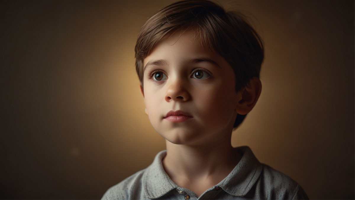 Child confidently looking towards a gentle light, illustrating finding courage and trust through children's Bible verses about God's comforting presence.