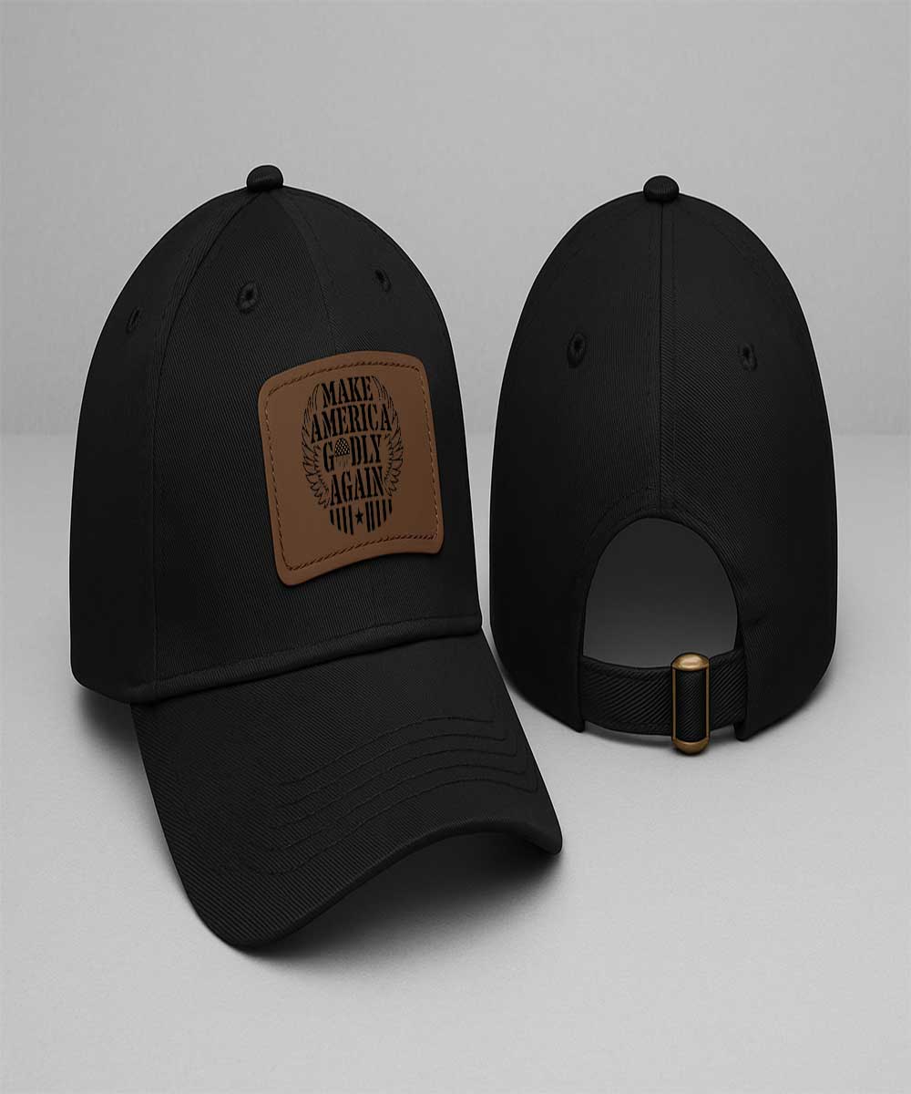 Side and back view of black Make America Godly Again christian hat with patch and adjustable strap