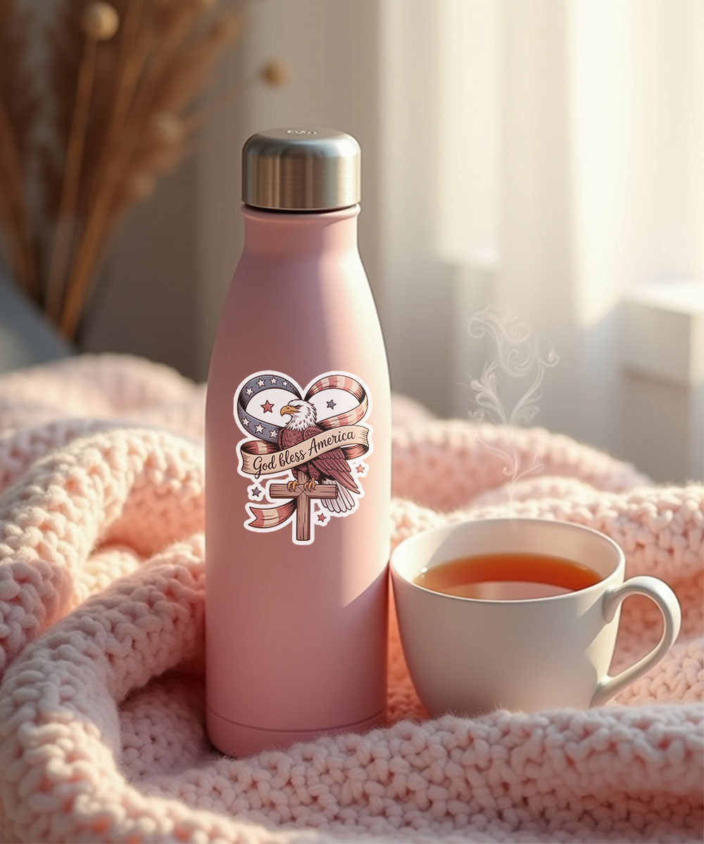christian-sticker-god-bless-america-for-the-season-on-water-bottle "God Bless America" Christian sticker shown on a pink water bottle next to a cup of tea.