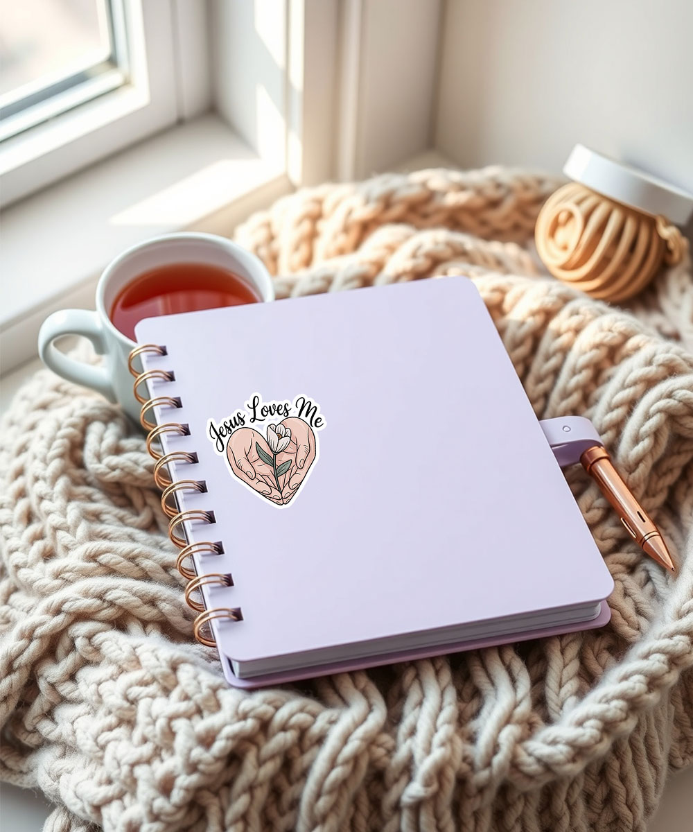 christian-sticker-jesus-loves-me-on-notebook "Jesus Loves Me" design Christian sticker on a light purple notebook, with a knitted blanket and pen.