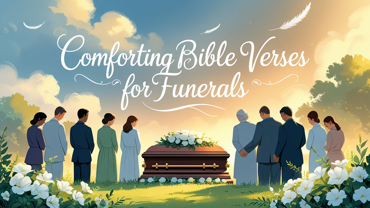Illustration of a peaceful and hopeful funeral setting with the text 'Comforting Bible Verses for Funerals' overlaid, offering solace and faith-based hope.