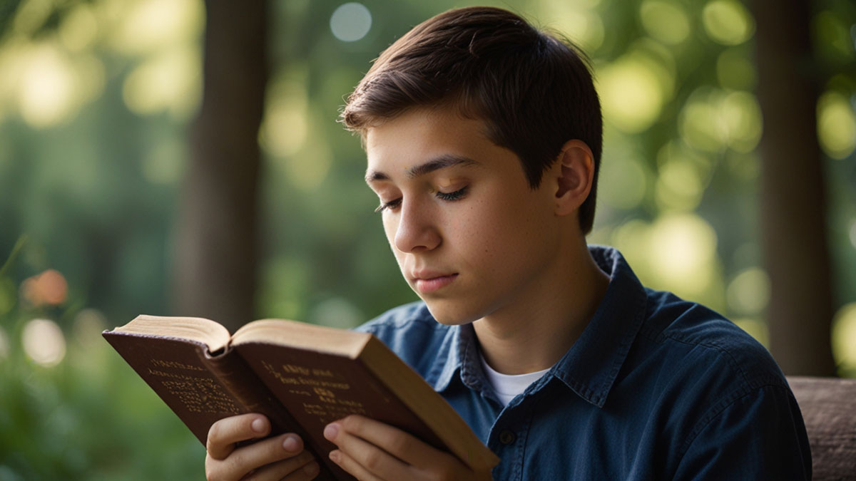 Young person thoughtfully considering Confirmation Bible verses for their faith journey, with a hopeful light symbolizing guidance.