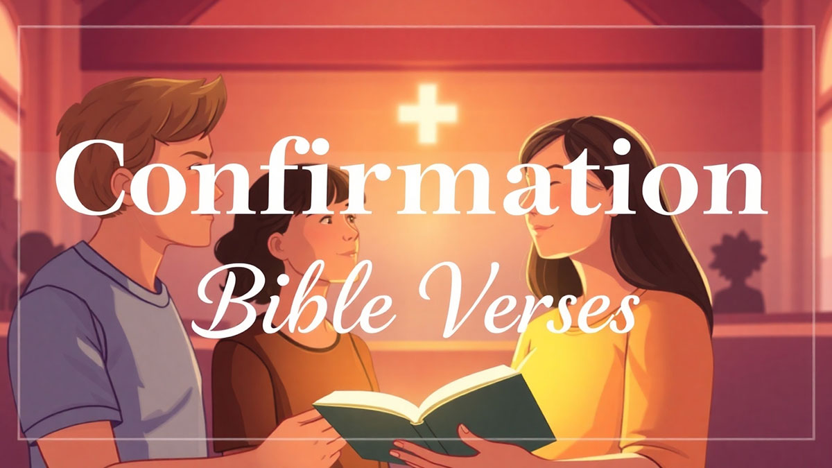 Illustrated confirmation scene depicting a hopeful young person with a Bible, with the text 'Confirmation Bible Verses' elegantly displayed, symbolizing a meaningful faith commitment.