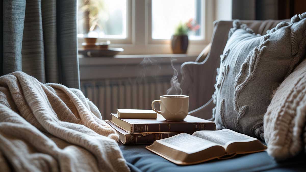 Cozy quiet time corner with journal, Bible, warm mug, and blanket, inspiring prayer and reflection
