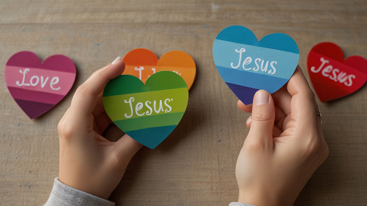 Hands holding colorful heart-shaped cards with short Bible verses for kids, showing a creative way to make teaching scripture memory joyful.