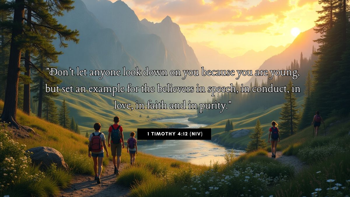 Teen Bible Verse Graphics illustrating 1 Timothy 4:12 (NIV): "Don’t let anyone look down on you because you are young, but set an example for the believers in speech, in conduct, in love, in faith and in purity."