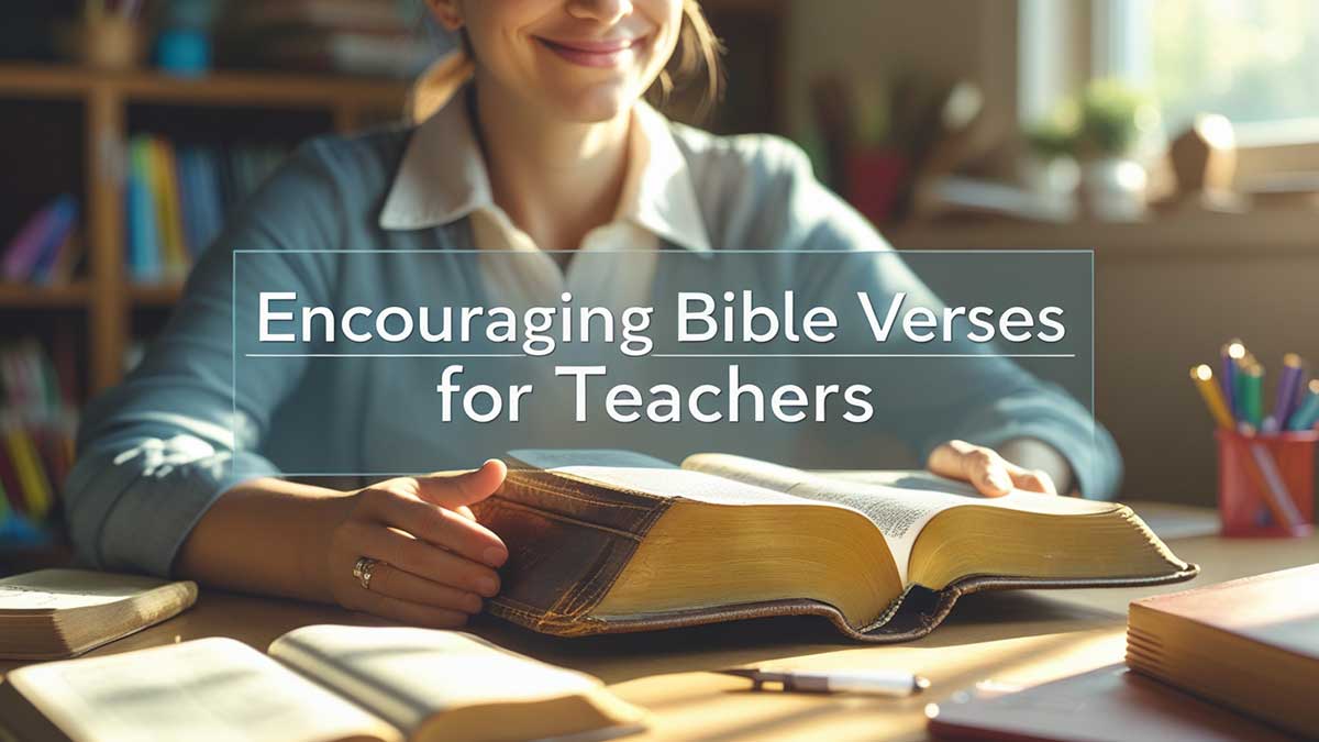 Featured image: Teacher at a sunlit desk reflects on an open Bible. Text overlay reads "Encouraging Bible Verses for Teachers." Scene evokes hope and Christian teacher support.