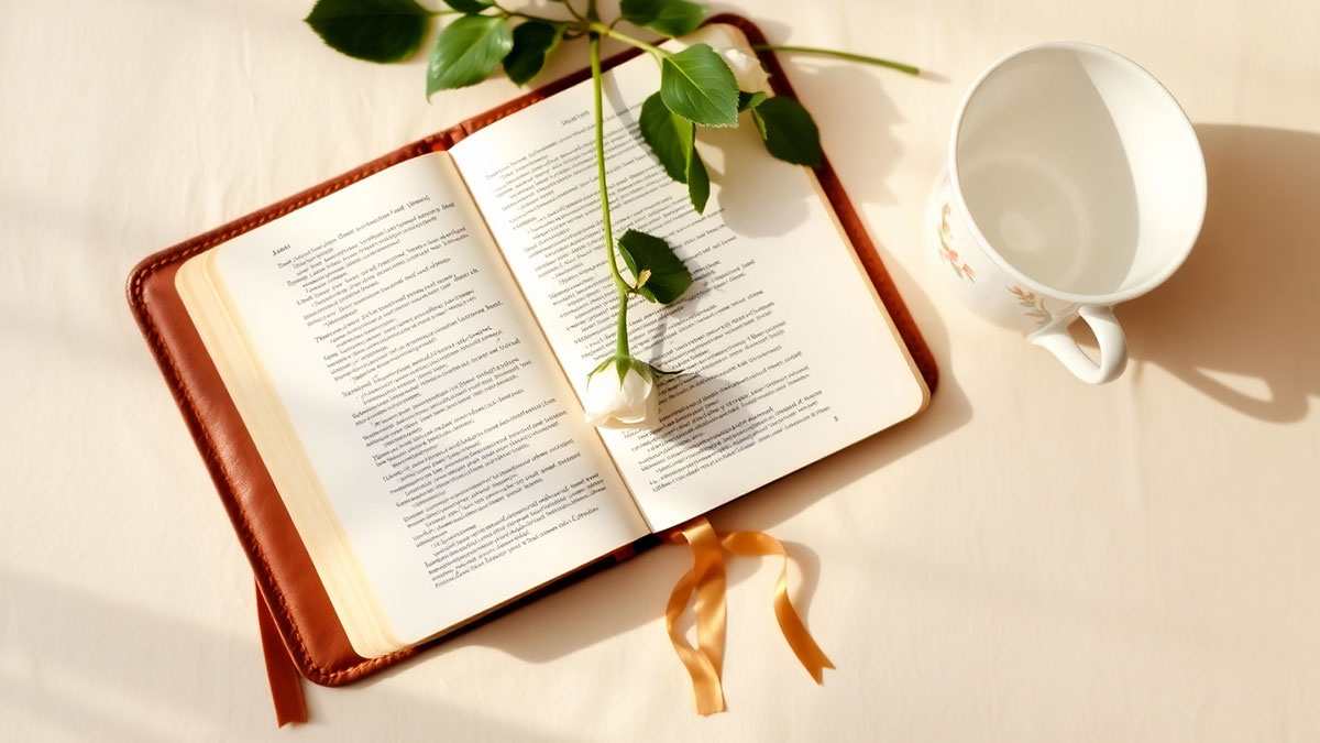 Encouraging bible verses for mothers: A peaceful flat lay with an open Bible, teacup, and flower, for moments of faith and reflection in Christian motherhood.
