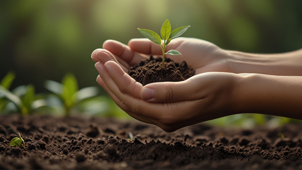 Hands gently holding a small seedling, symbolizing finding peace and hope on the Christian journey of faith over fear.