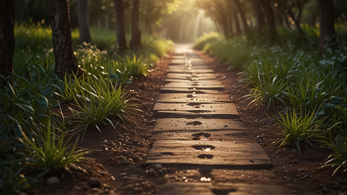 Footprints on a serene path with soft light, symbolizing the Christian journey of choosing faith over fear with grace and encouragement.