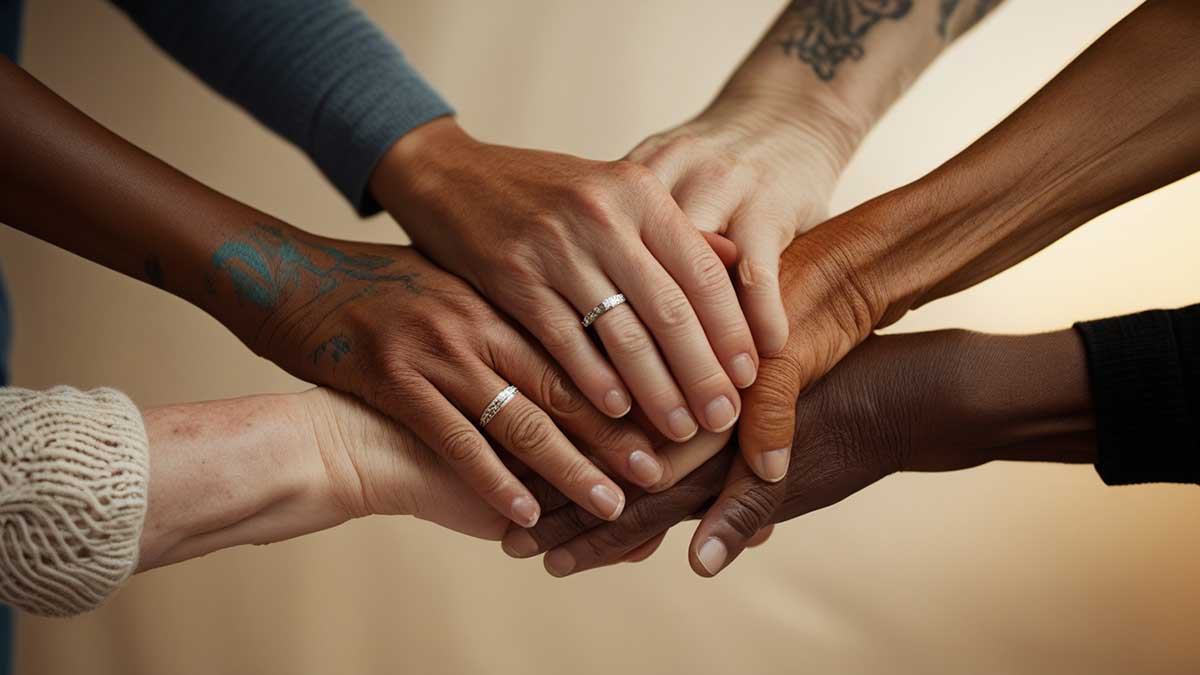 Diverse hands gently clasped together symbolizing community, support, and belonging through baptism