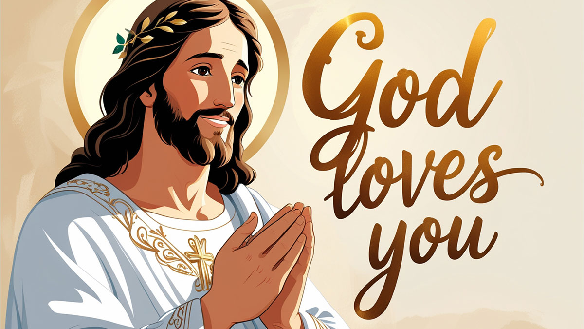 Illustration of a Jesus scene with bold text "GOD LOVES YOU," symbolizing the core message of God's love found in Bible verses.