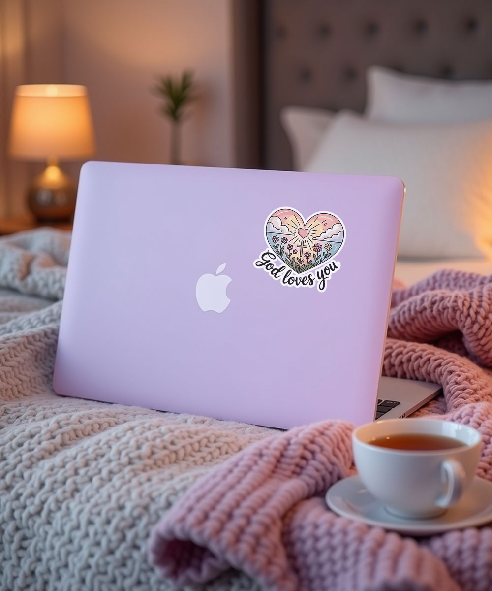 god-loves-you-bible-verse-sticker-on-laptop Christian faith sticker with the quote "God Loves You" applied to a purple laptop in a cozy setting.