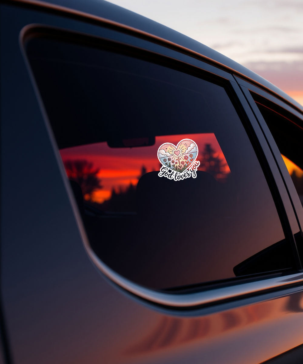 god-loves-you-christian-sticker-car-decal "God Loves You" Christian sticker displayed as a decal on a car window during sunset.