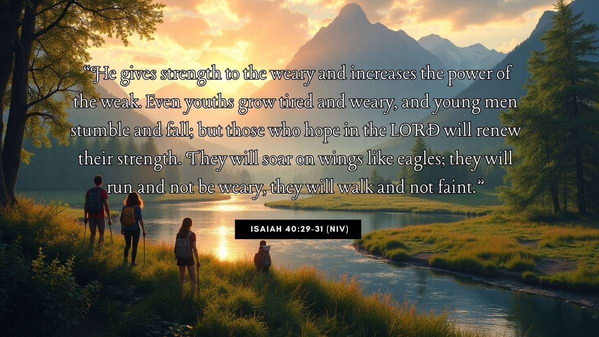 Teen Bible Verse Graphics illustrating Isaiah 40:29-31 (NIV): "He gives strength to the weary and increases the power of the weak. Even youths grow tired and weary, and young men stumble and fall; but those who hope in the LORD will renew their strength. They will soar on wings like eagles; they will run and not be weary, they will walk and not faint."
