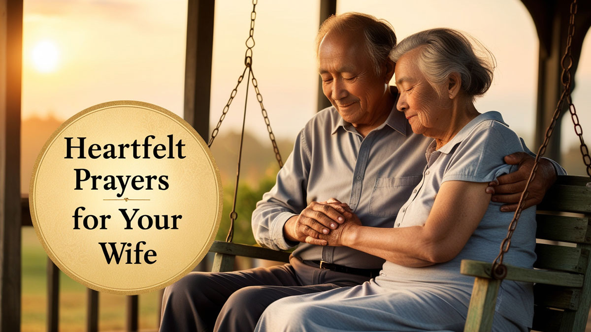 Featured image with the text “Heartfelt Prayers for Your Wife” — a touching visual of a couple sharing a quiet moment, symbolizing daily prayer, healing, and love.