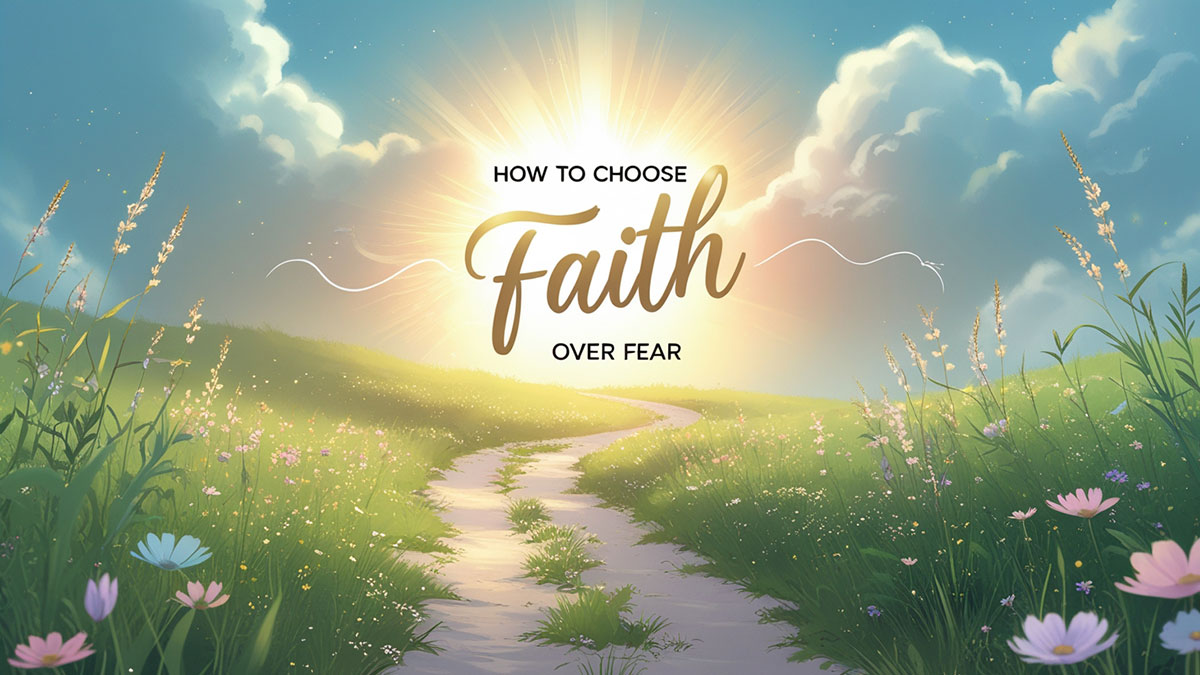 A hopeful path leading towards light with the text 'how to choose Faith over fear' overlaid, illustrating Christian guidance for finding peace and overcoming anxiety.