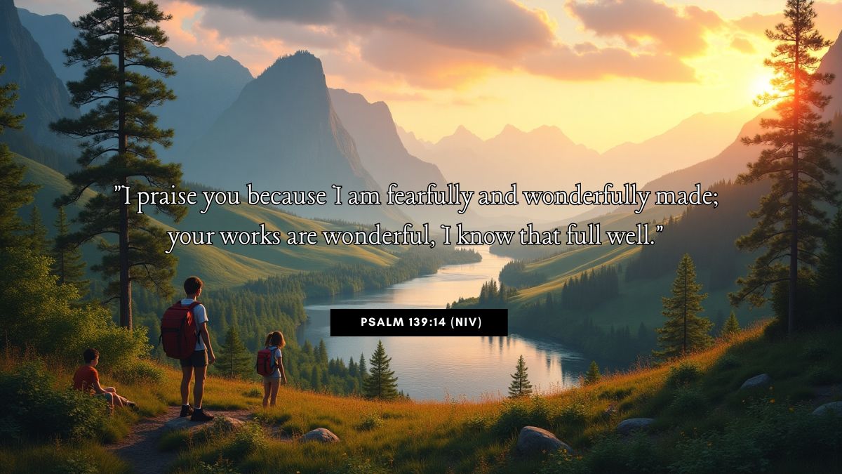 Teen Bible Verse Graphics illustrating Psalm 139:14 (NIV): "I praise you because I am fearfully and wonderfully made; your works are wonderful, I know that full well."
