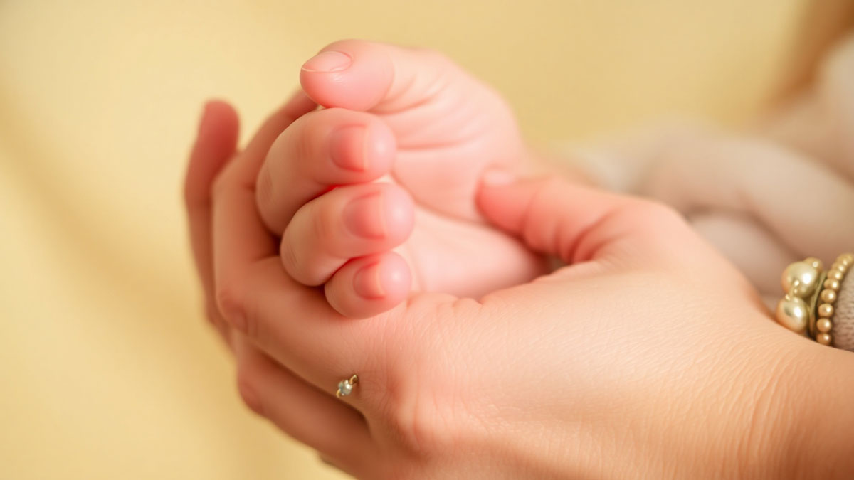 Adult hand tenderly holding a baby's hand, representing an infant baptism prayer and blessing within a Christian family.