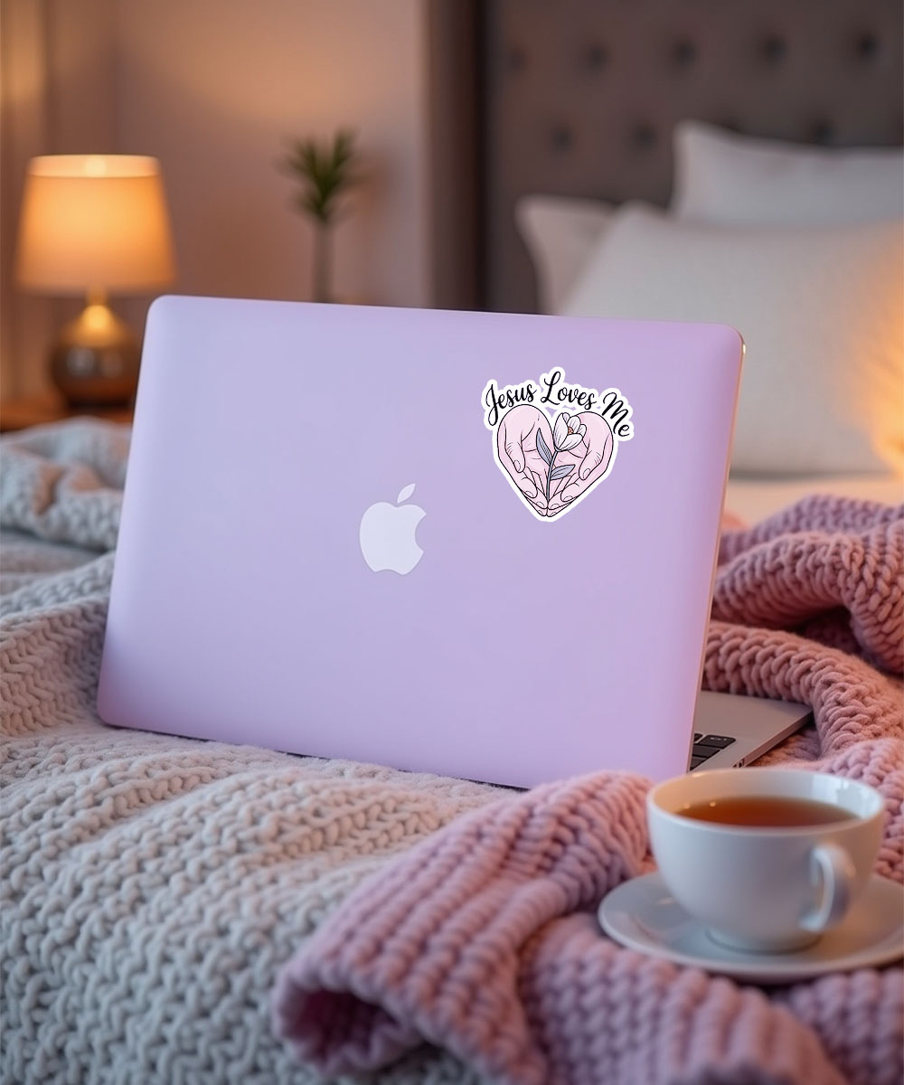 jesus-loves-me-bible-verse-sticker-on-laptop Christian faith sticker with the quote "Jesus Loves Me" applied to a purple laptop in a cozy setting.