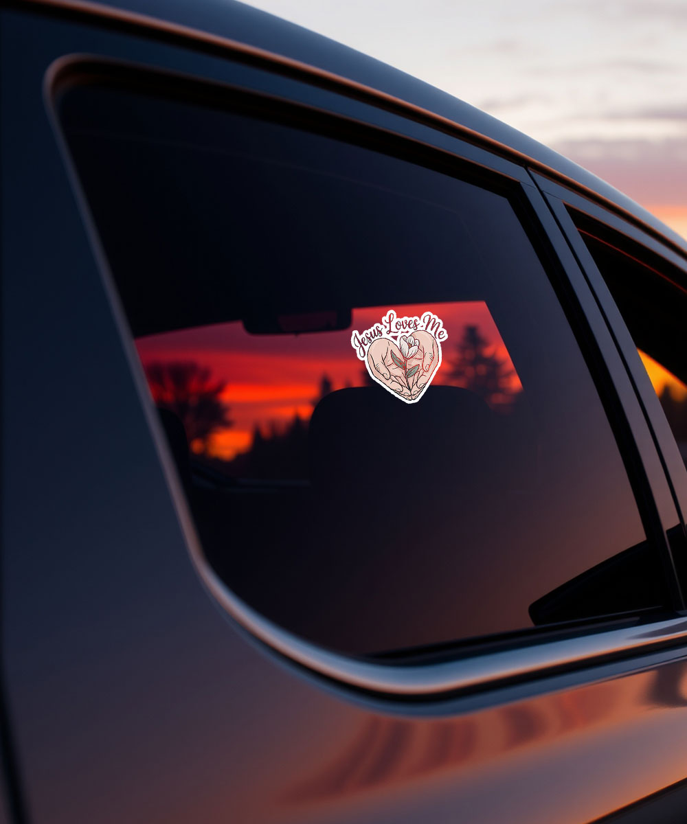 jesus-loves-me-christian-sticker-car-decal "Jesus Loves Me" Christian sticker displayed as a decal on a car window during sunset.