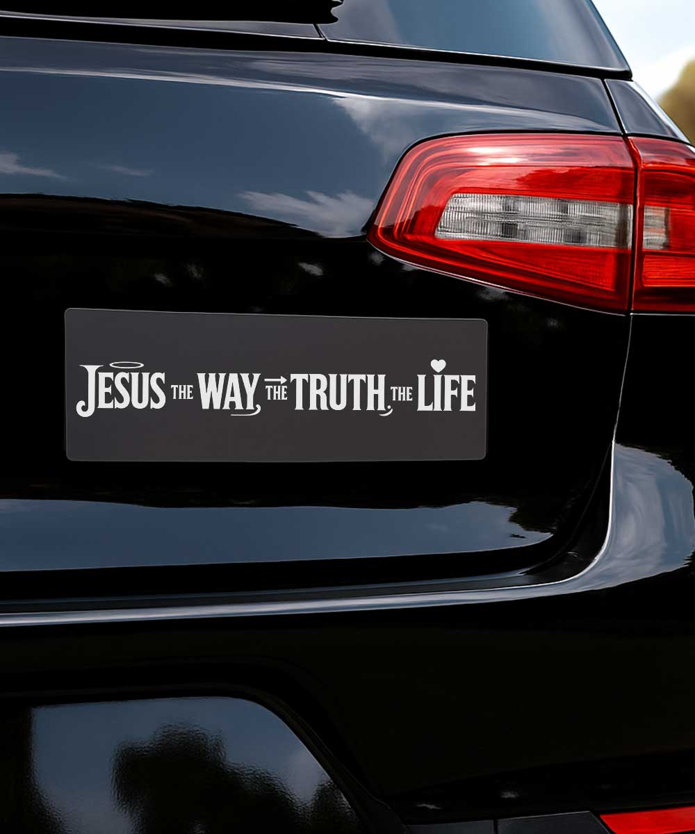 Jesus the way the truth the life Christian bumper sticker shown on a silver car bumper