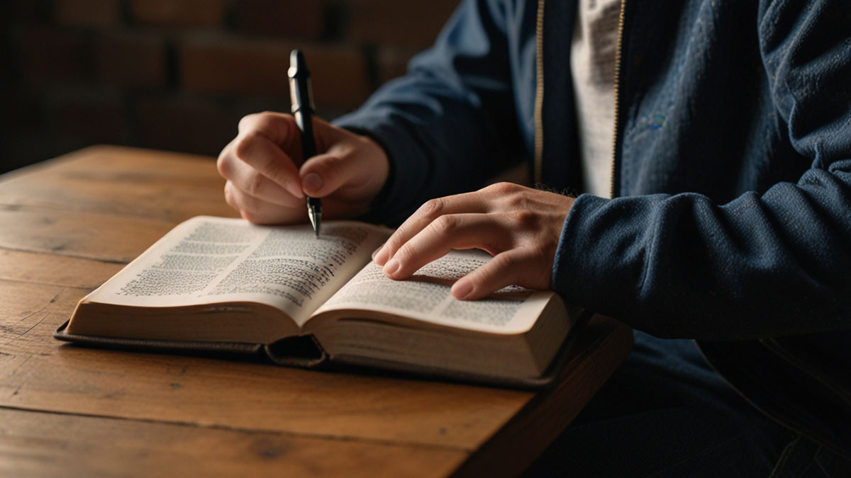 Person thoughtfully journaling beside an open Bible, reflecting on how their chosen Confirmation Bible verse shapes their daily faith journey.