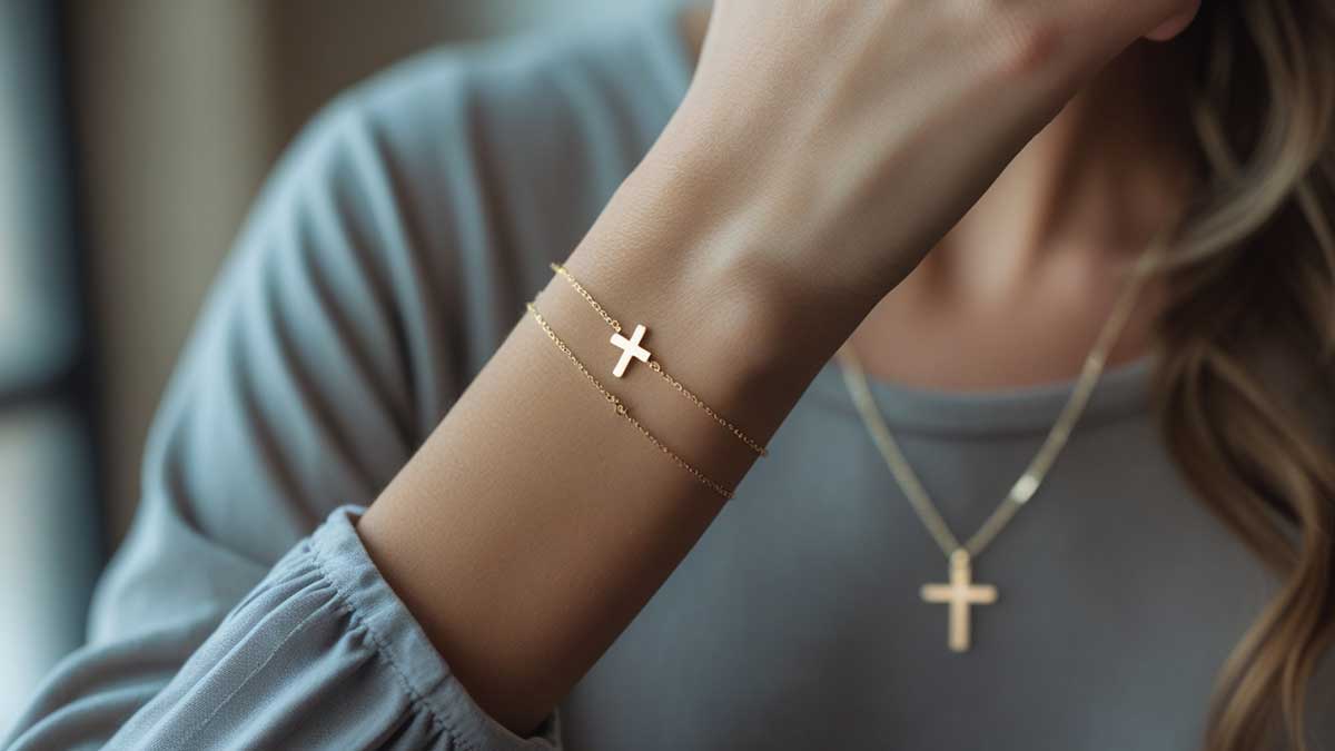 Close-up of wrist wearing modern faith bracelet engraved 'Chosen' - identity in Christ baptism gift