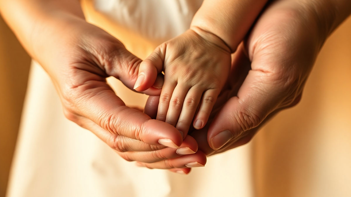 Mother's hands holding child's hand, symbolizing the deep, motherly love for her children discussed in bible verses about mothers love and sacrifice.