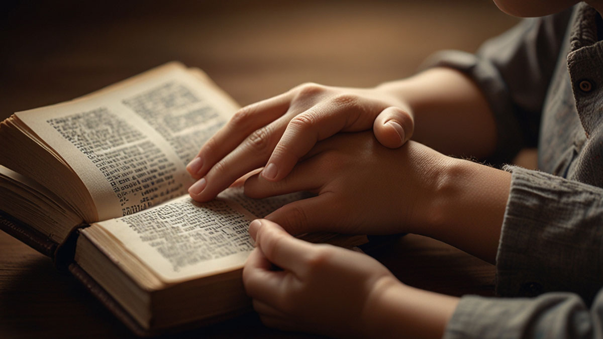 Parent's hands gently holding child's hands over an open Bible, symbolizing sharing Bible verses for kids with love and connection.