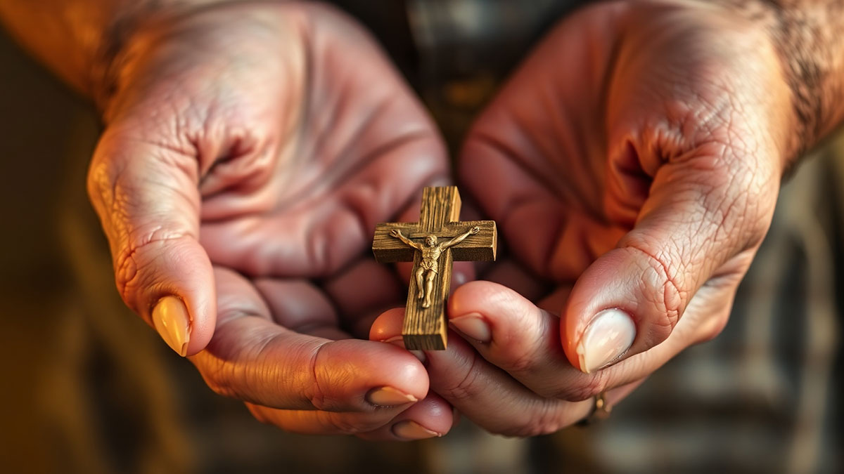 Hands holding a small wooden cross, symbolizing personal faith from Bible verses about the cross and Christ's love in Galatians 2:20.
