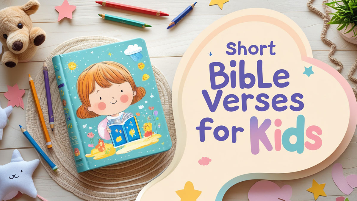 Featured image: A welcoming flat lay with a children's Bible and playful elements, prominently displaying the text 'short bible verses for kids' to illustrate a joyful approach to learning scripture.
