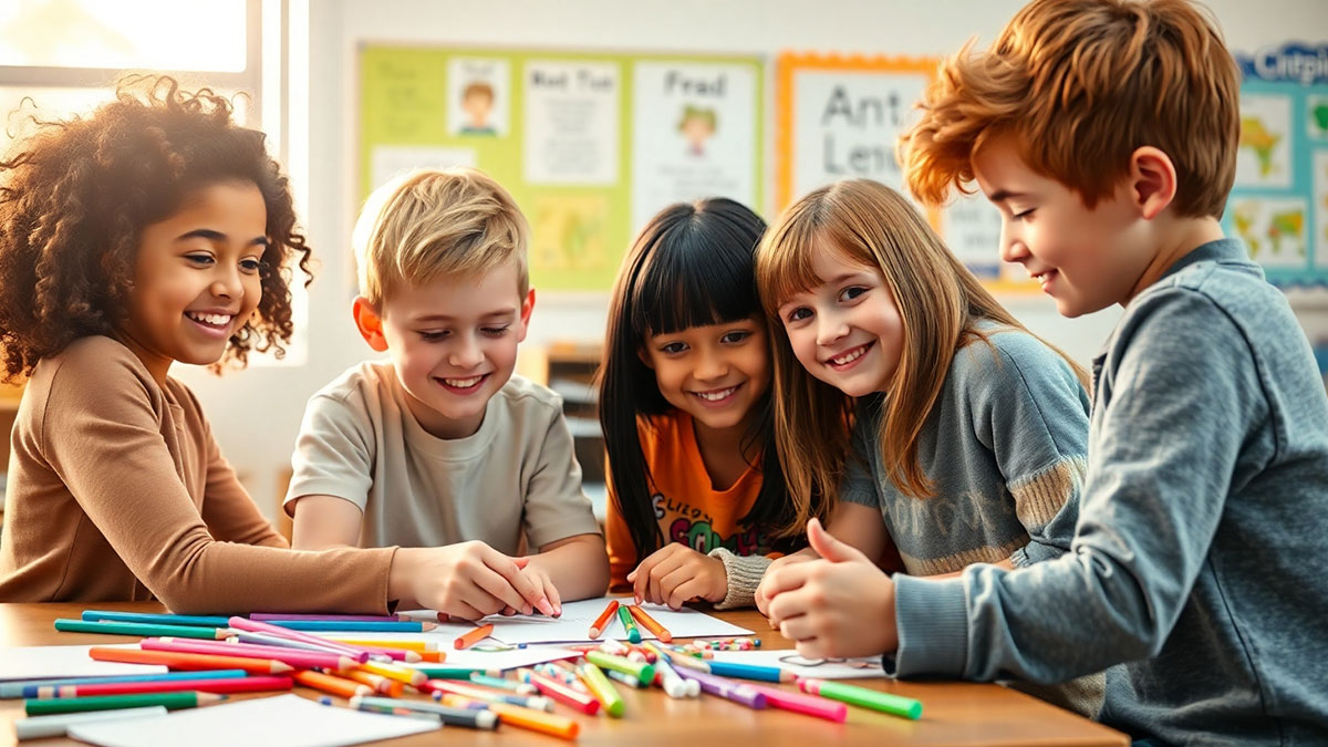 Diverse elementary students happily collaborating at a desk, visualizing a back to school prayer for kind friendships and belonging.