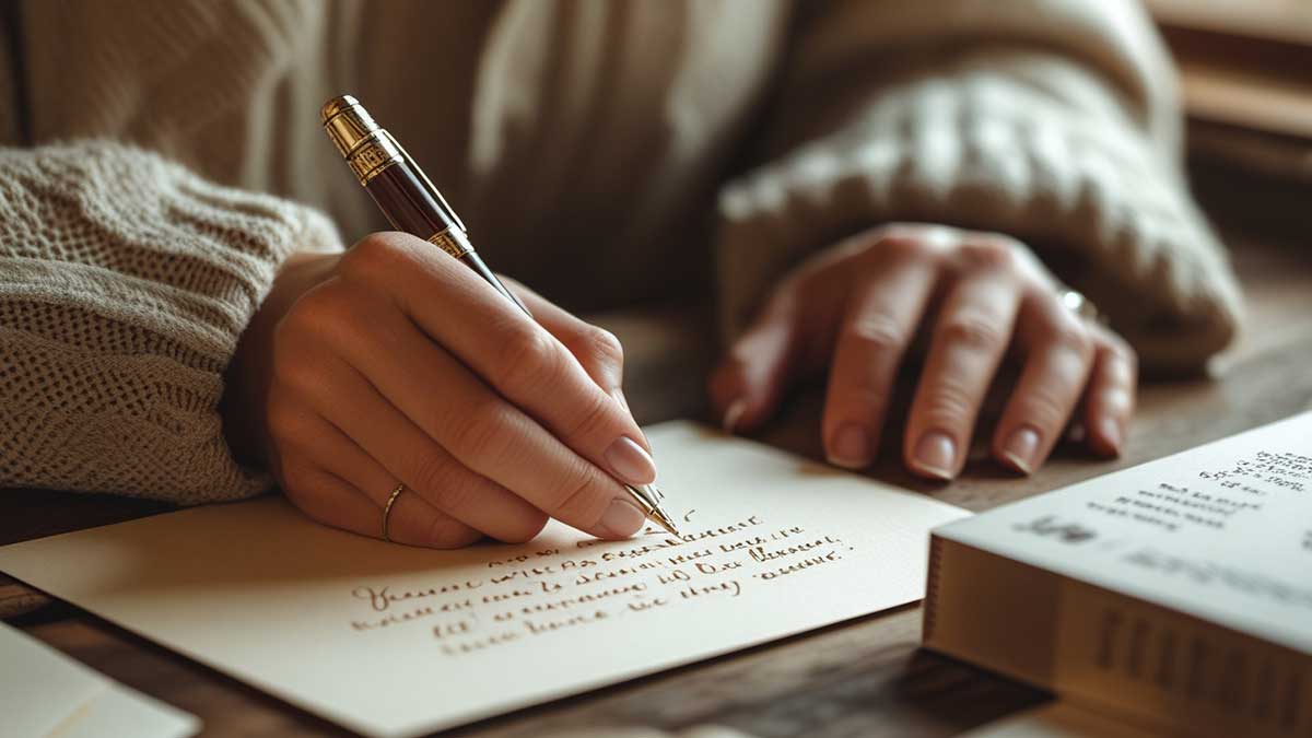 Hands carefully writing a heartfelt letter of prayer and encouragement for a baptism gift