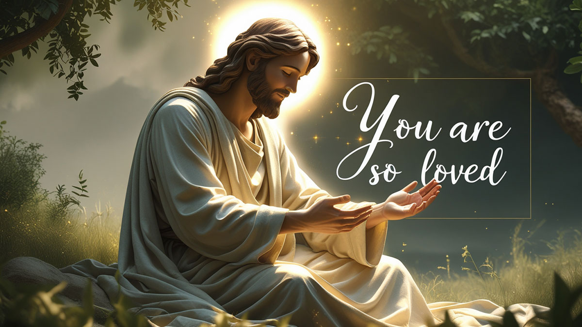 Feature image: Jesus depicted in a compassionate biblical scene illustrating God's profound love, with the affirming text 'you are so loved bible verse' prominently displayed.