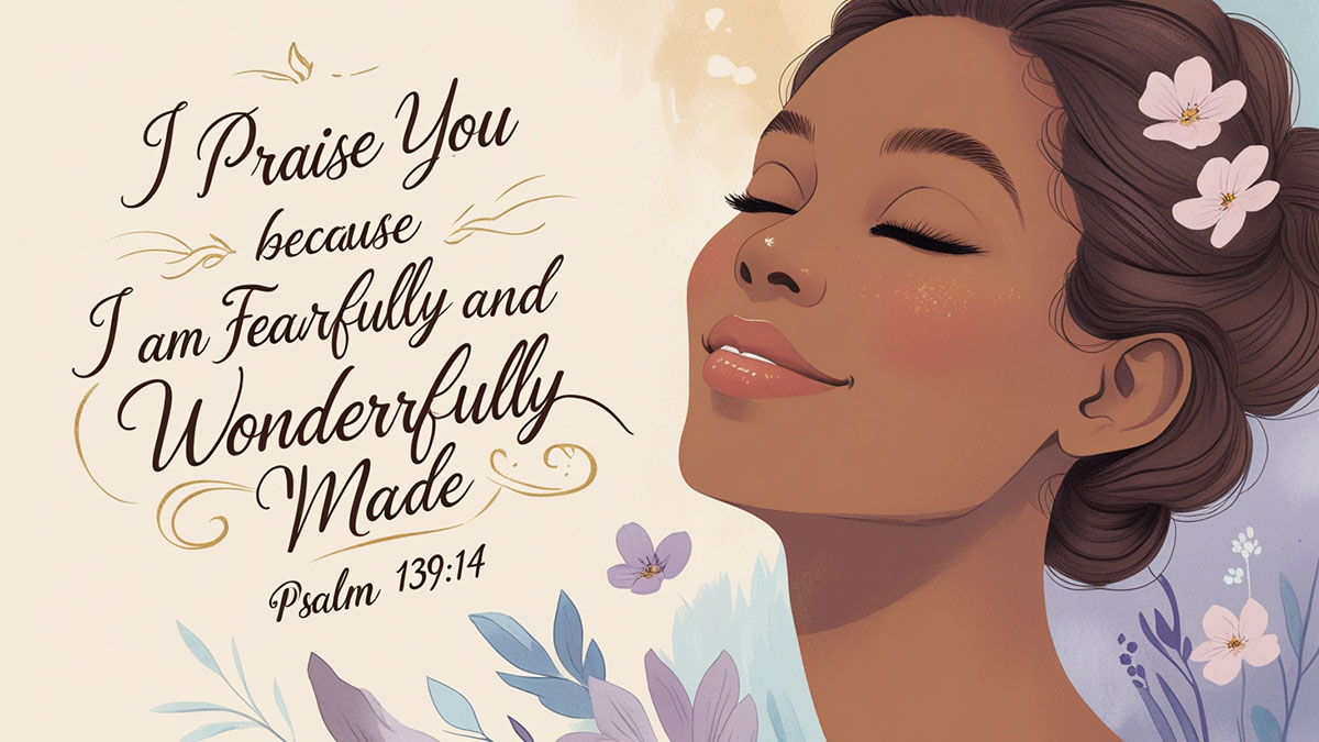 Inspirational graphic of Psalm 139:14, a Bible verse about a woman's worth, stating "I praise you because I am fearfully and wonderfully made."