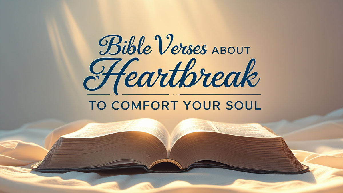Feature image for a blog post on bible verses about heartbreak, showing a comforting scene with an open Bible and the text 'Bible Verses About Heartbreak to Comfort Your Soul'.
