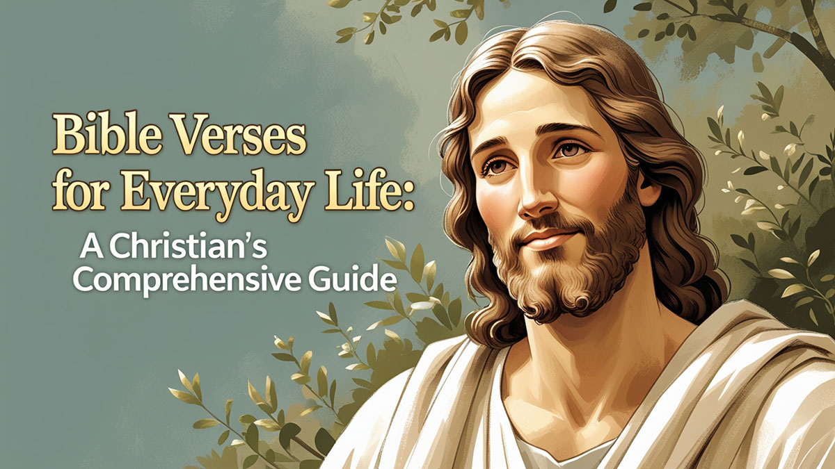 Feature image for "Bible Verses for Everyday Life: A Christian's Comprehensive Guide" depicting an inspiring illustration of Jesus teaching His disciples, with the title text overlaid.